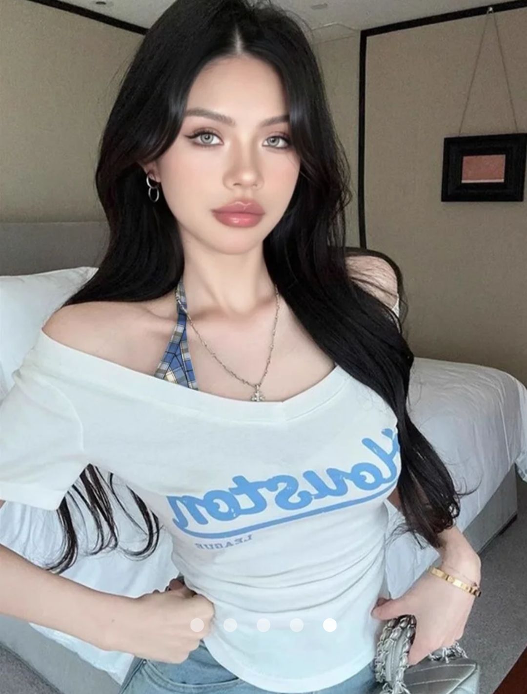 Print Top with Halter Strap // White & Blue