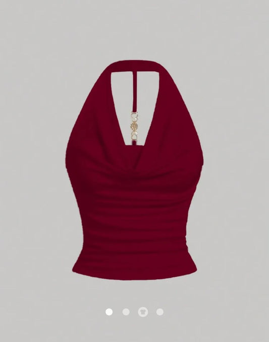 Diamonte Decor Draped Halter // Red