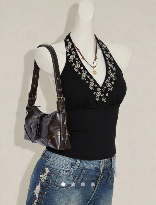 Embroidered Halter Top // Black