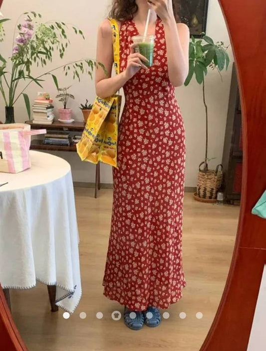 V-Neck Floral Print Dress // Red