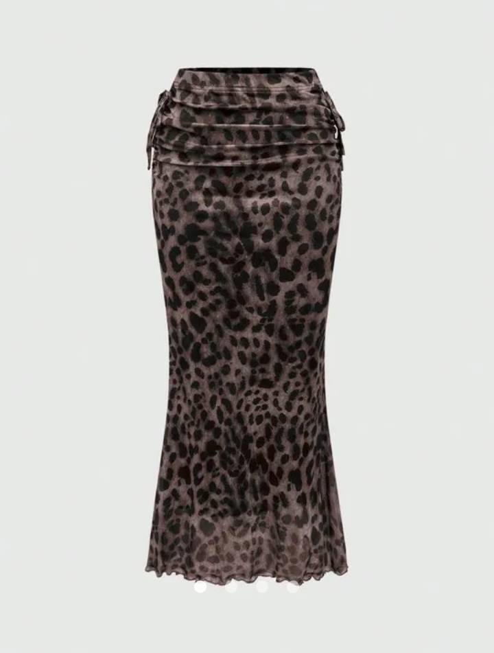 Leopard Print Ruched Maxi Skirt // Khaki & Black