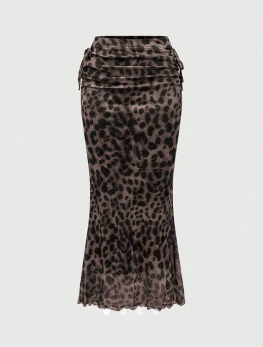 Leopard Print Ruched Maxi Skirt // Khaki & Black