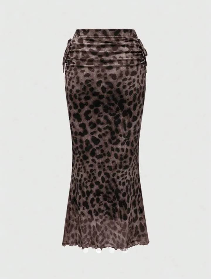 Leopard Print Ruched Maxi Skirt // Khaki & Black