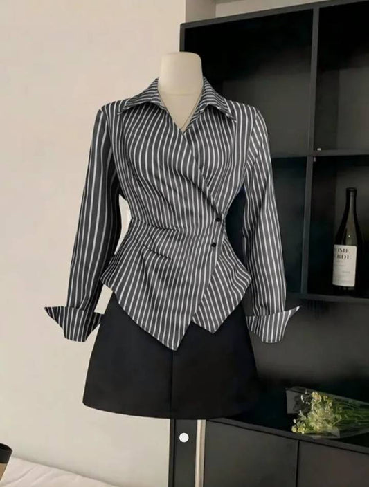 Striped Asymmetric Waist Cinching Shirt // Black & White