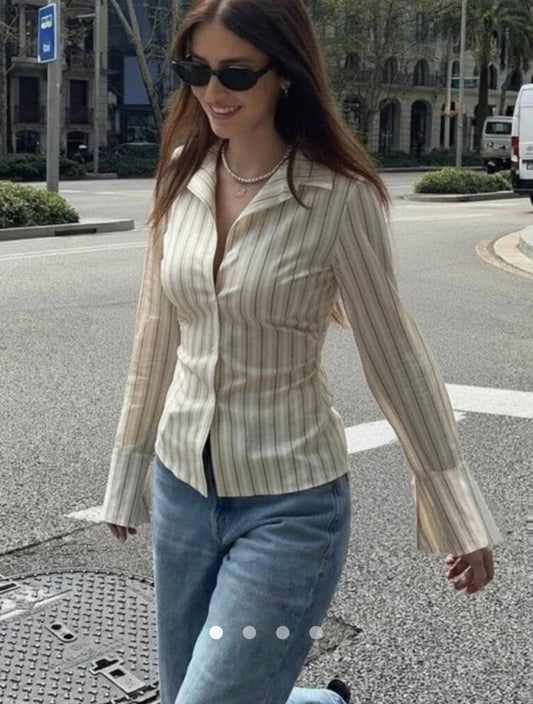 Slim Fit Striped Shirt With Flared Cuffs // Beige