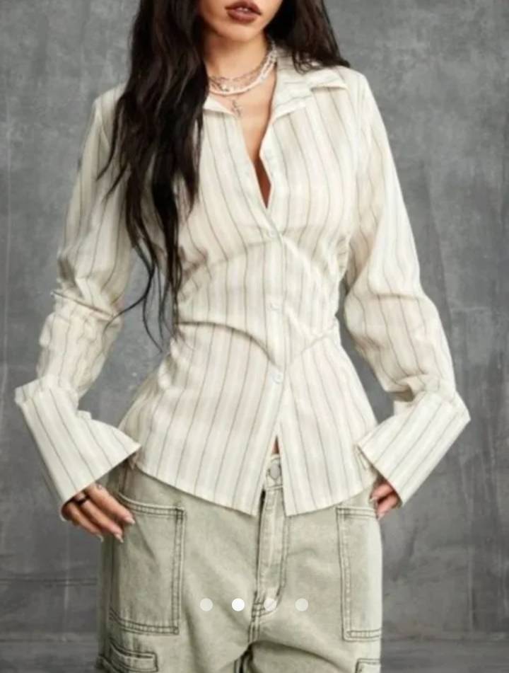 Slim Fit Striped Shirt With Flared Cuffs // Beige
