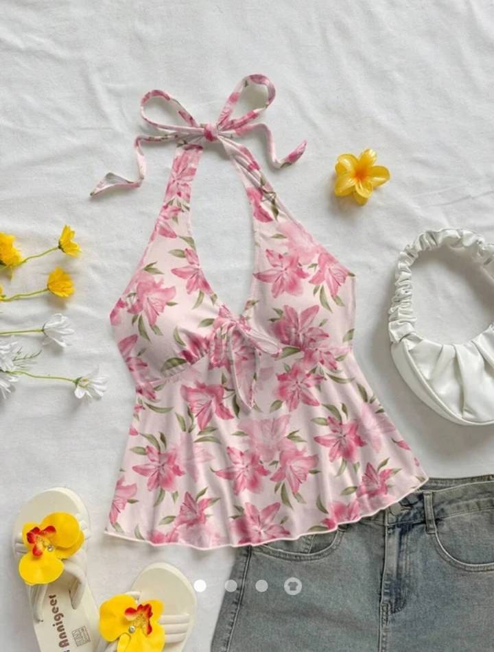 Floral Gathered Halter Top // Pink