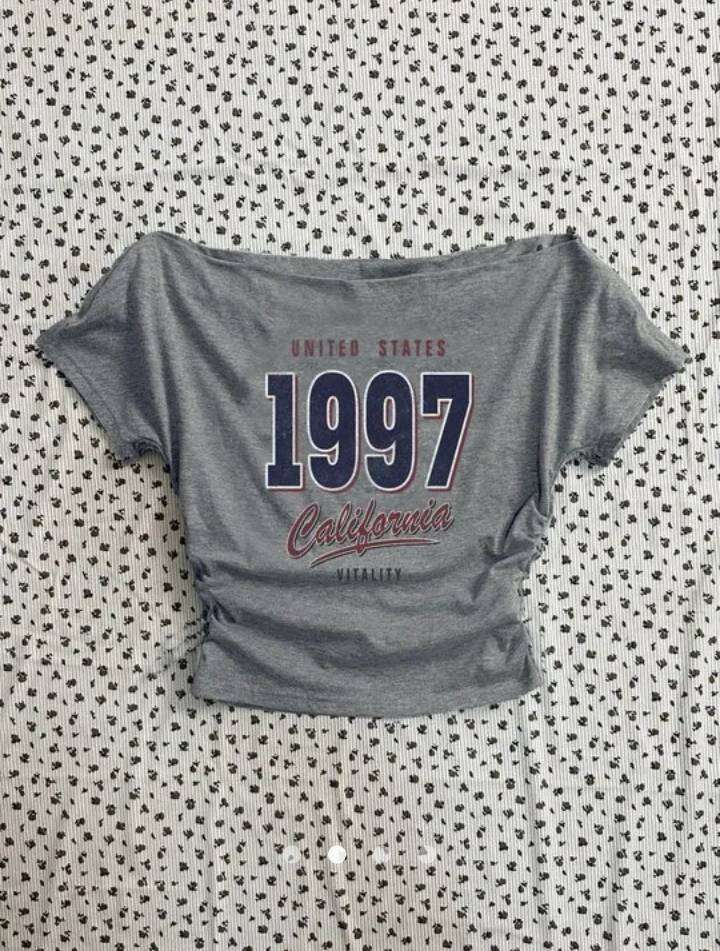 Letter Print Off Shoulder Short Sleeve Top // Grey