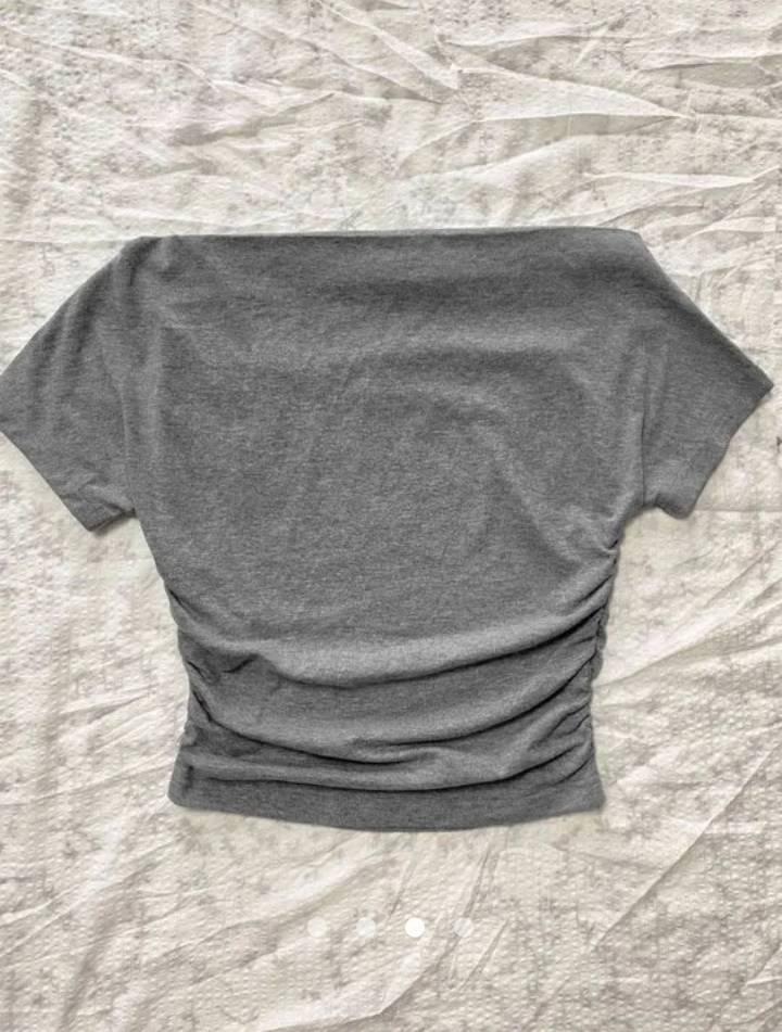 Letter Print Off Shoulder Short Sleeve Top // Grey