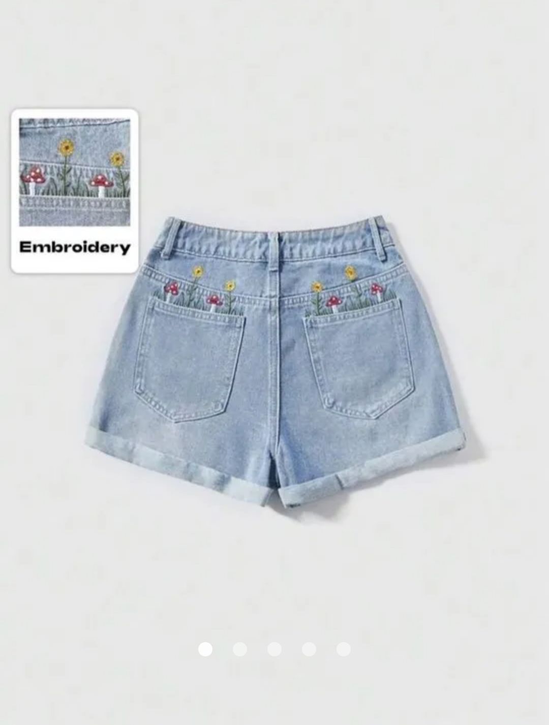 High Waist Embroided A-Line Denim Shorts
