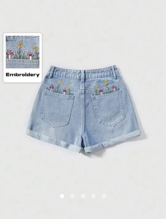 High Waist Embroided A-Line Denim Shorts