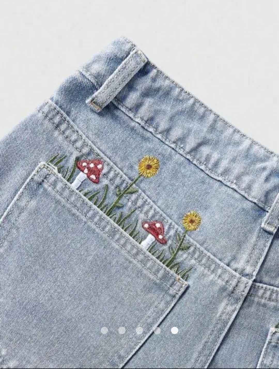 High Waist Embroided A-Line Denim Shorts