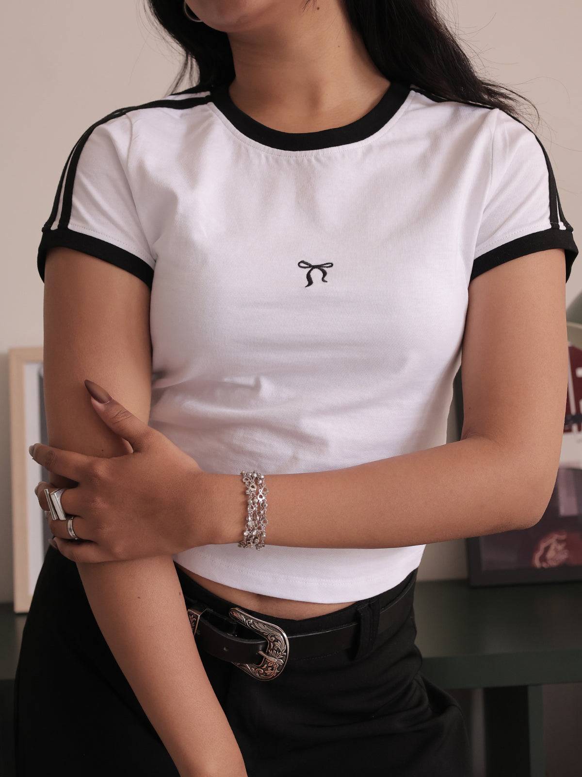 Detail Bow Embroidered Baby Tee // White Contrast