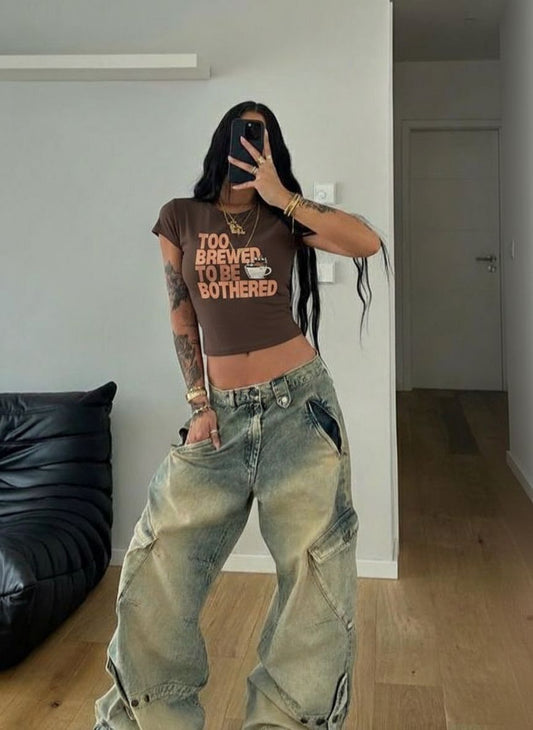 Too Brewed To Be Bothered Baby Tee // Brown