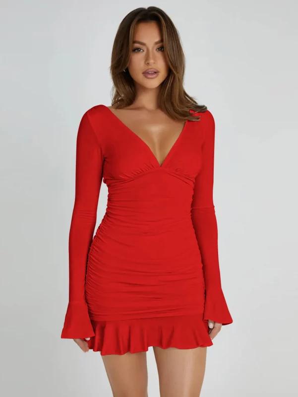 Solid Bell Sleeve Mini Dress // Red