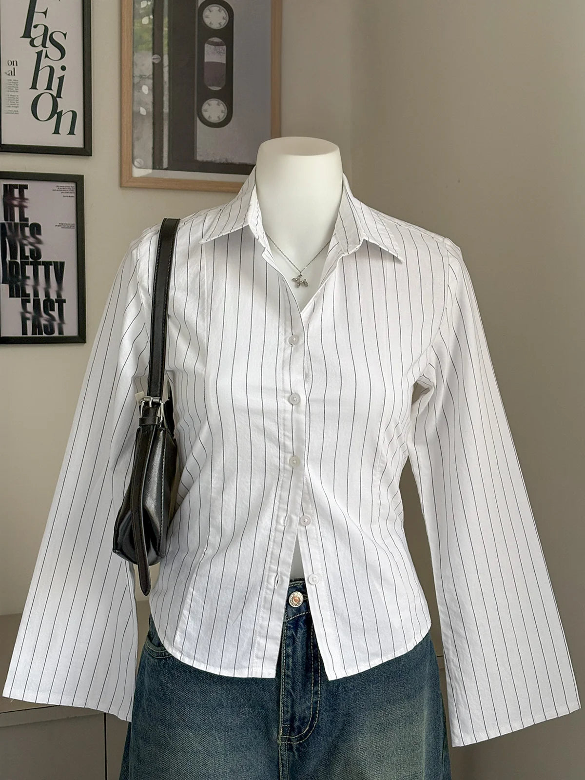 White // Striped Flared Sleeve Shirt