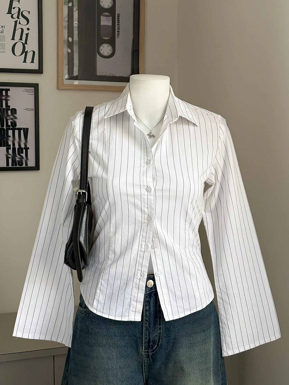 White // Striped Flared Sleeve Shirt
