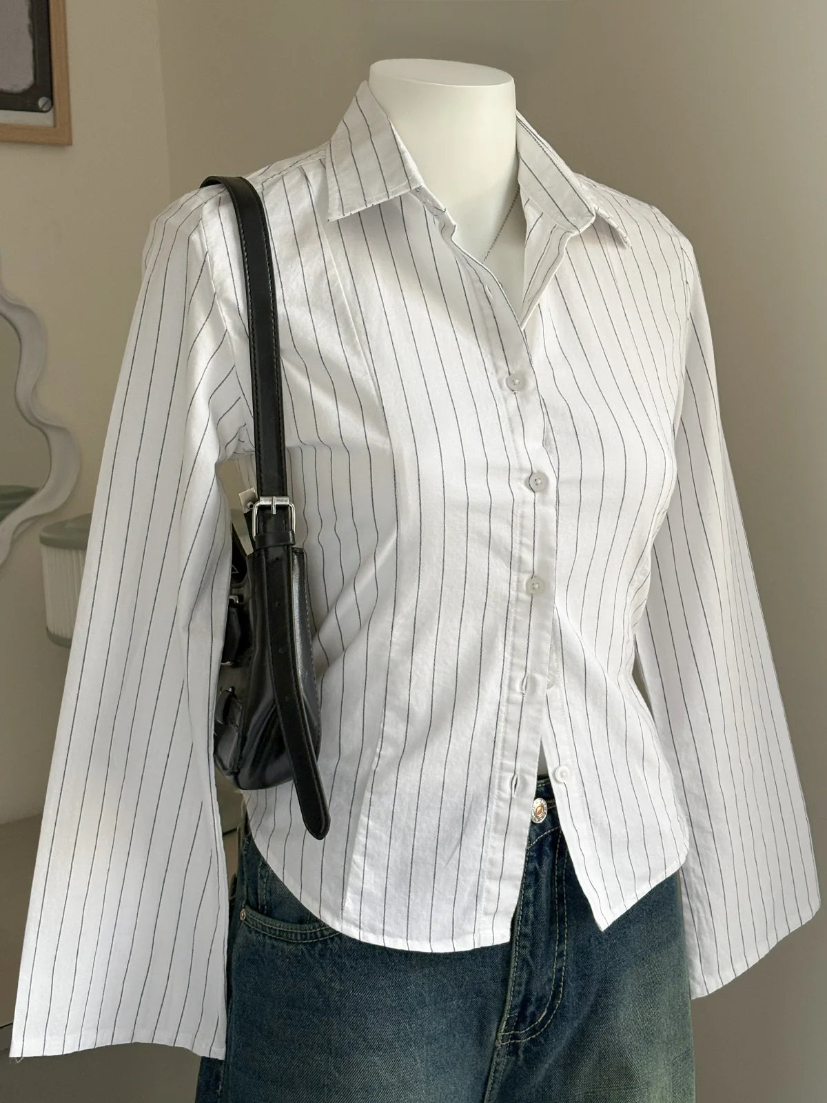 White // Striped Flared Sleeve Shirt