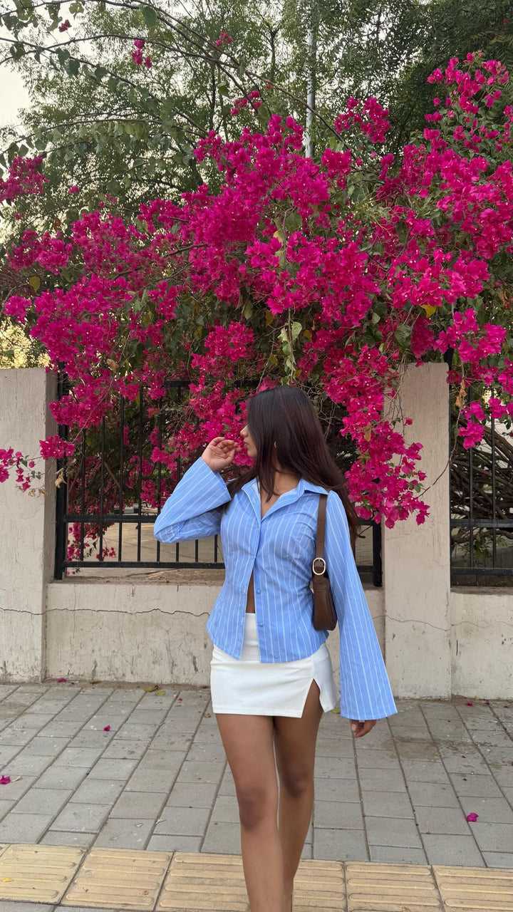 Pinstripes Flared Sleeves Shirt // Blue